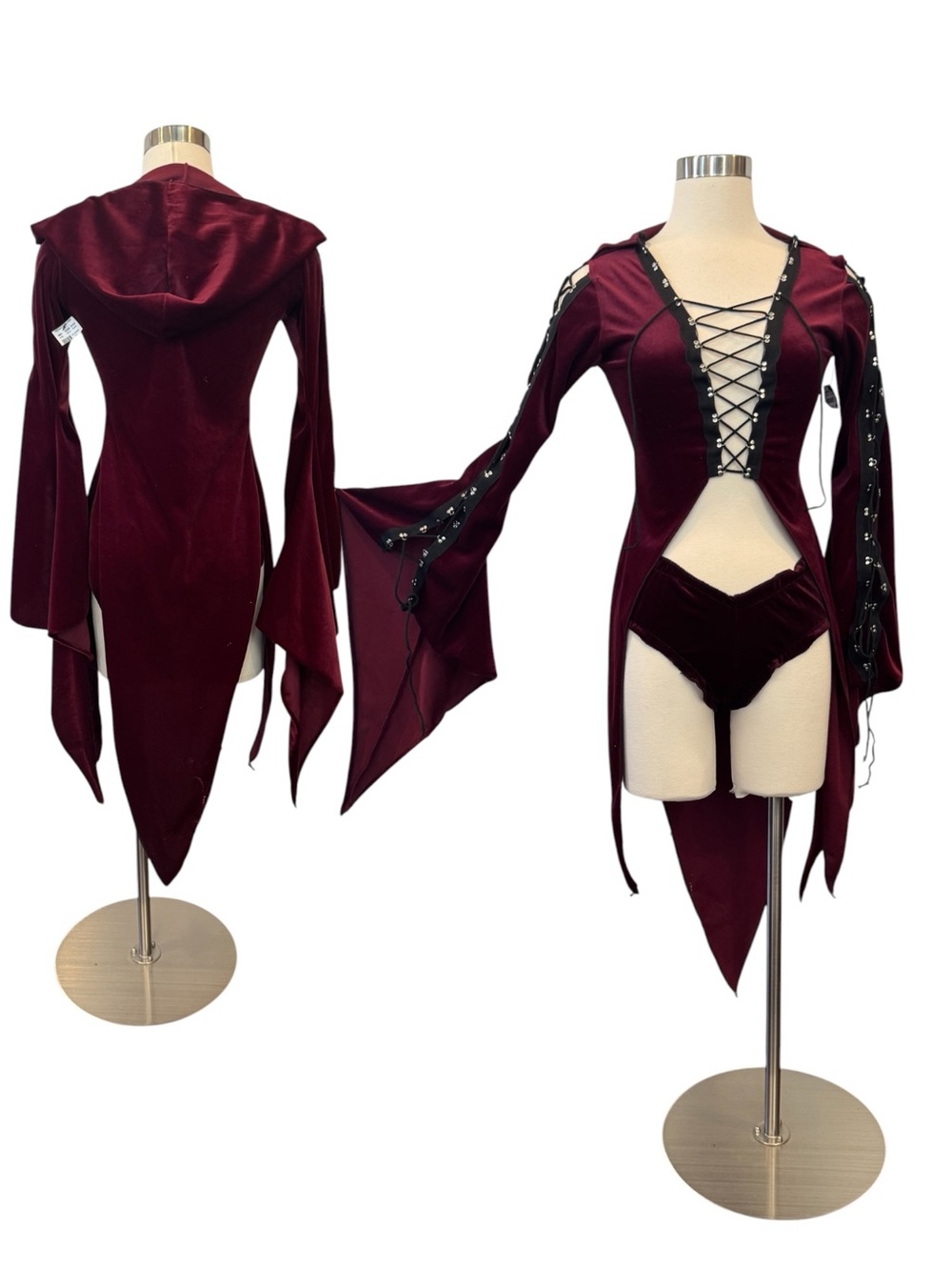 Frederick’s of Hollywood Burgundy Velvet Corset Hooded Tunic Top Vintage 2PC Set